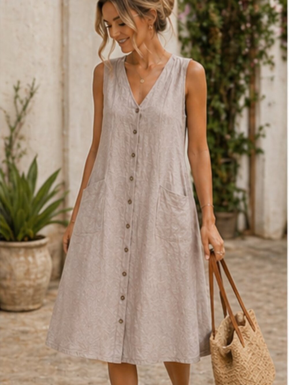 Tahari Taupe Textured Button-Front Midi Dress